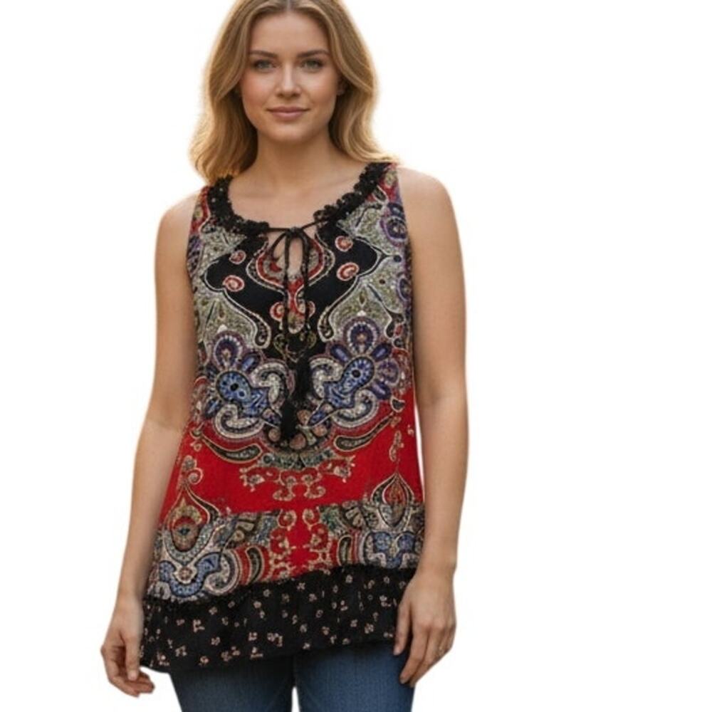 BILA Boho Tassel Tank Womens Medium Navy Red Paisley Mixed Print Tiered Top